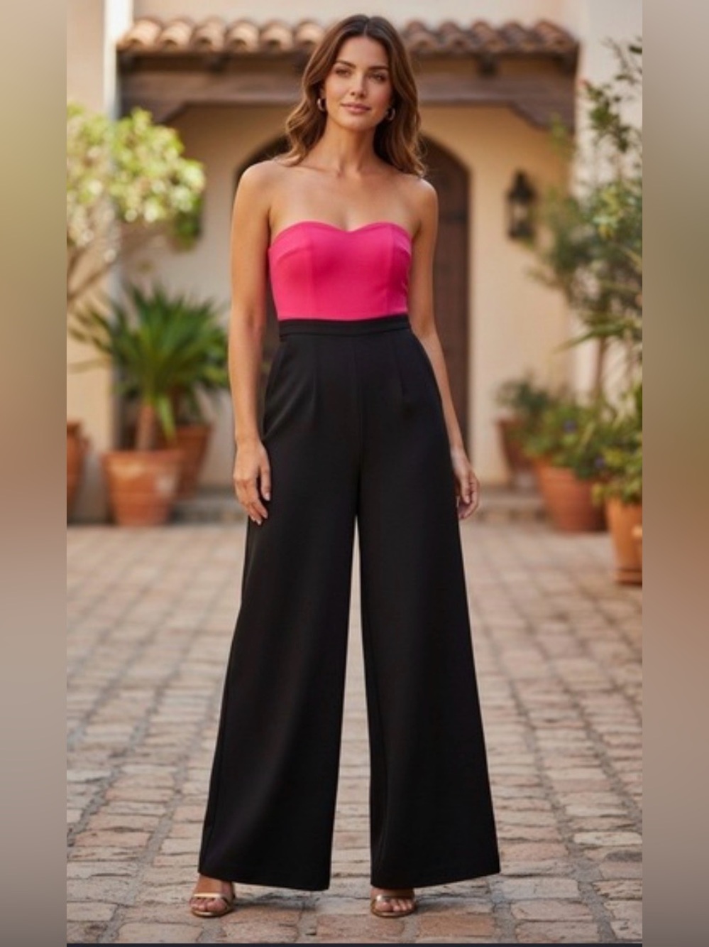 Strapless Two-Tone Jumpsuit — Pink Top with Black Wide-Leg Pants